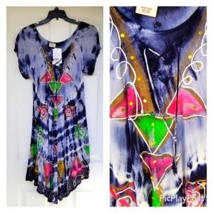 Breezy Summer Beach Tie Dye Cover Up Short Slv Dress embellishments stretchy OS